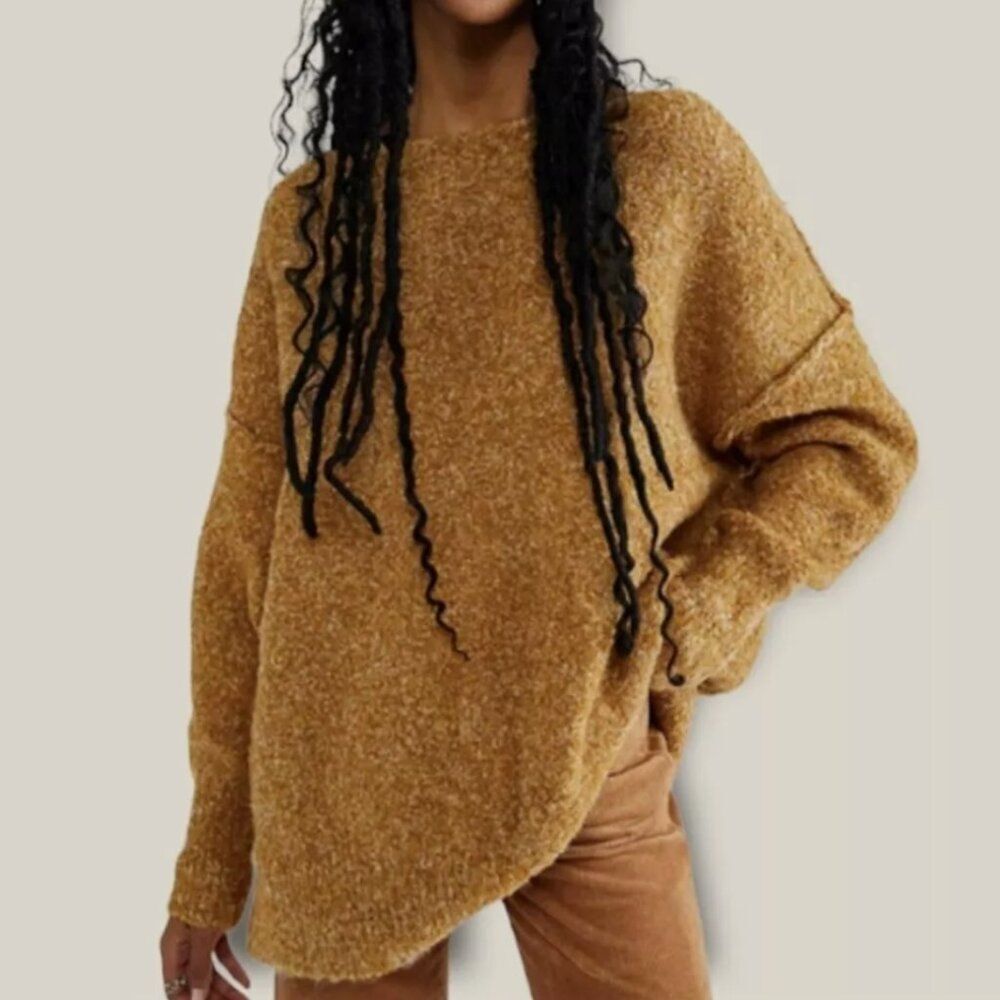 Women Free People Moira Wool-Blend Slouchy Tunic Sweater Honeycomb Beige XS